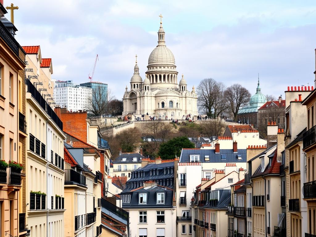 Bazylika Sacré-Cœur na wzgórzu Montmartre w Paryżu z widokiem na okoliczne uliczki
