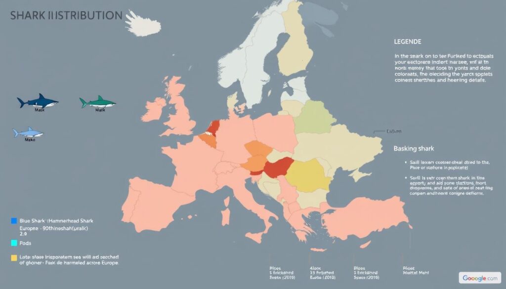 Infografika pokazująca rozmieszczenie różnych gatunków rekinów w europejskich morzach z oznaczeniami stref występowania