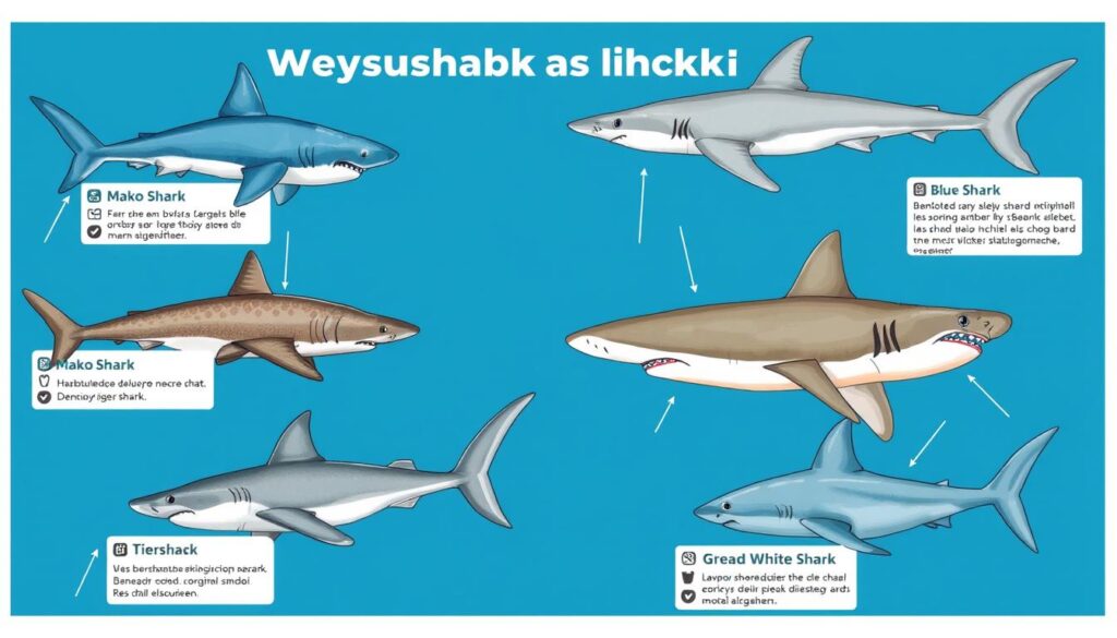 Infografika przedstawiająca najpopularniejsze gatunki rekinów występujące w wodach europejskich z ich charakterystyką