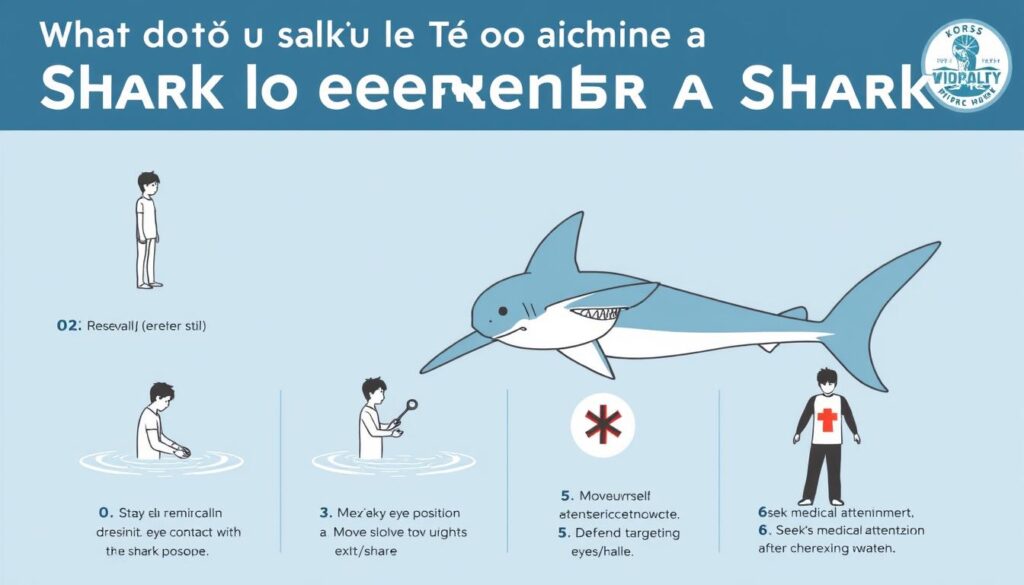 Infografika przedstawiająca zasady bezpiecznego zachowania podczas spotkania z rekinem w wodzie