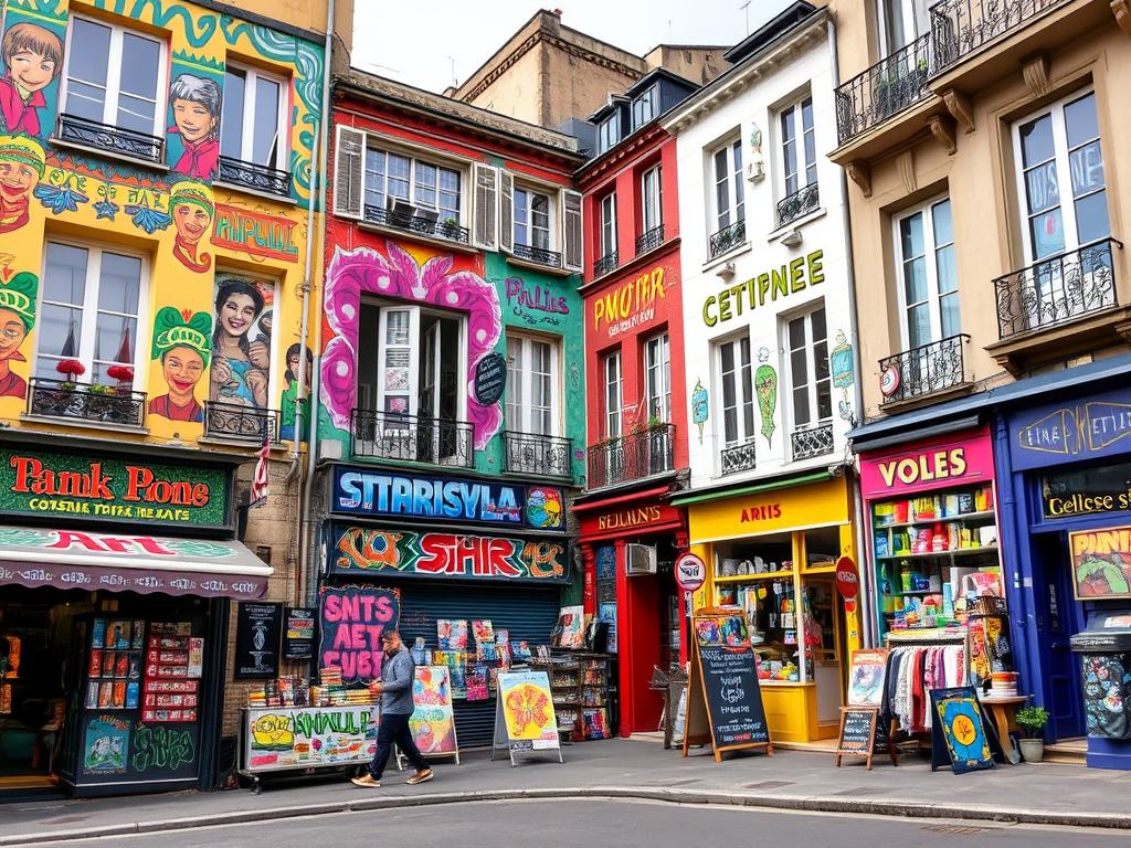 Kolorowe murale i street art w dzielnicy Belleville w Paryżu, pokazujące artystyczny charakter tej zróżnicowanej okolicy