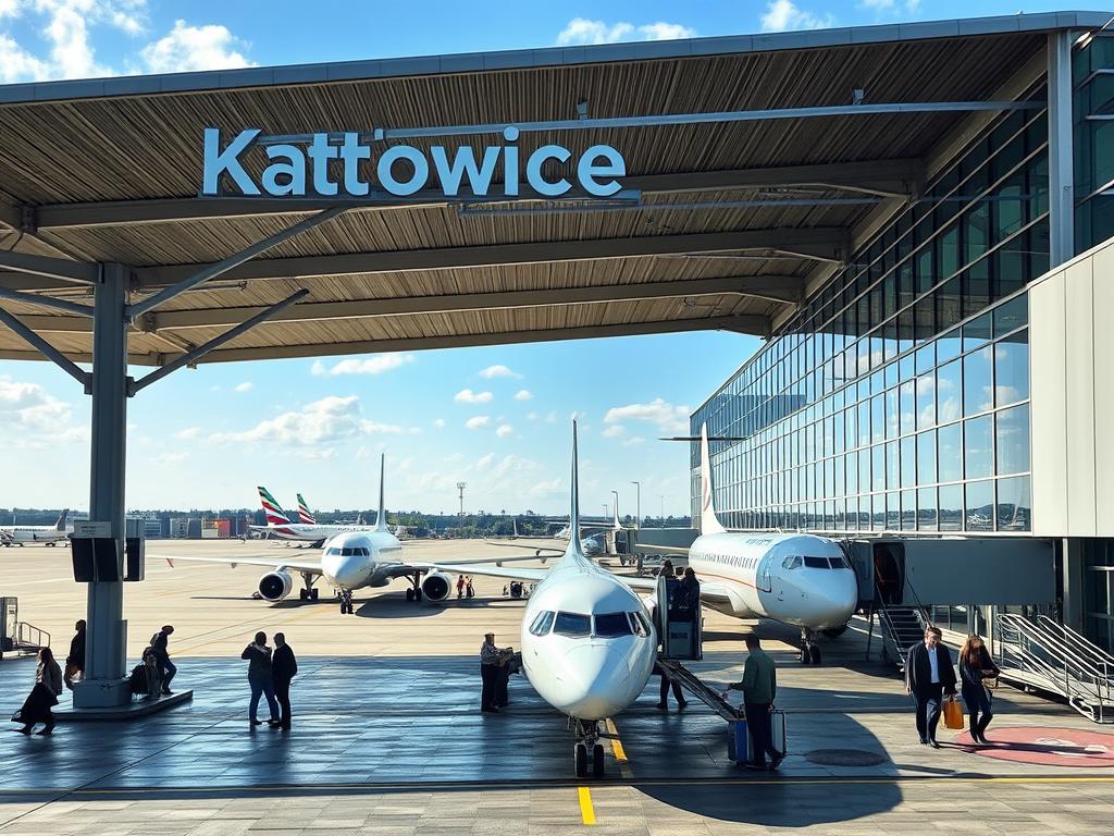 Lotnisko w Katowicach z widokiem na samoloty przygotowujące się do lotu Lotnisko w Katowicach z widokiem na samoloty przygotowujące się do lotu