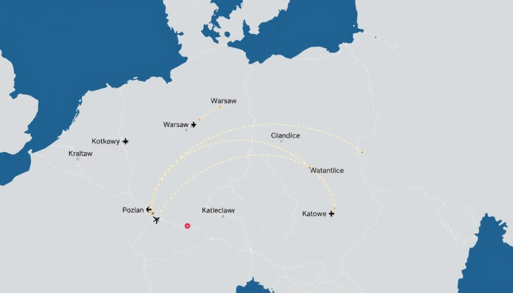 Mapa Polski z zaznaczonymi głównymi lotniskami i trasami do Egiptu - trasa samolotu z polski do egiptu Mapa Polski z zaznaczonymi głównymi lotniskami i trasami do Egiptu - trasa samolotu z polski do egiptu