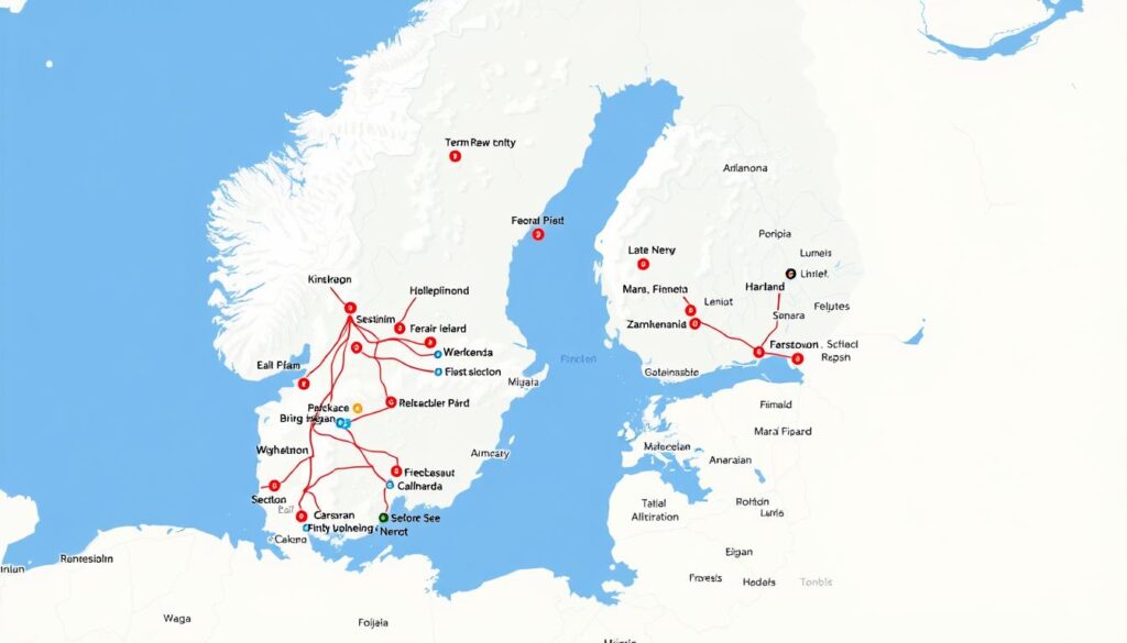Mapa fińskich ośrodków sportów zimowych z zaznaczonymi lokalizacjami Mapa fińskich ośrodków sportów zimowych z zaznaczonymi lokalizacjami