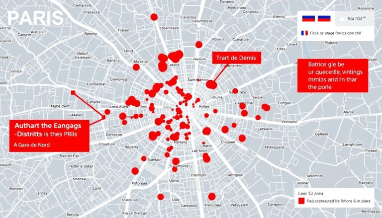Mapa najniebezpieczniejszych dzielnic Paryża z zaznaczonymi obszarami podwyższonego ryzyka