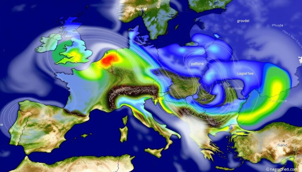 Mapa pogodowa pokazująca różne warunki atmosferyczne wpływające na czas lotu na Rodos