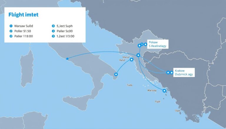 Mapa pokazująca trasę lotu z Polski do Chorwacji z zaznaczonym czasem lotu