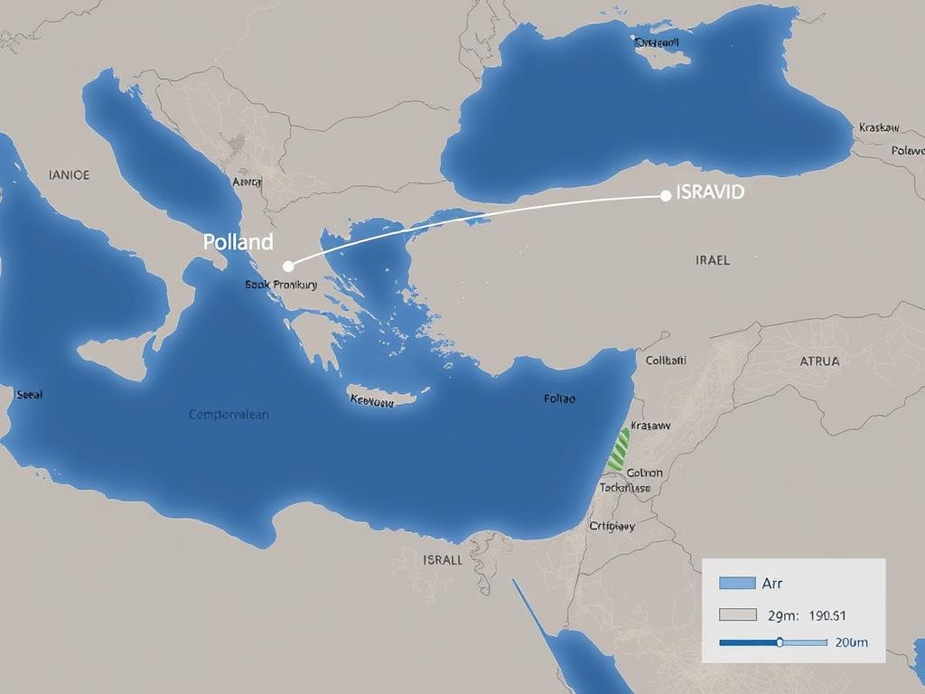 Mapa pokazująca trasę lotu z Polski do Izraela - ile trwa lot do ziemi świętej Mapa pokazująca trasę lotu z Polski do Izraela - ile trwa lot do ziemi świętej