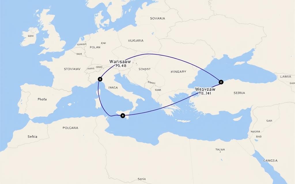 Mapa trasy lotu z Warszawy na Rodos z zaznaczoną trasą lotu