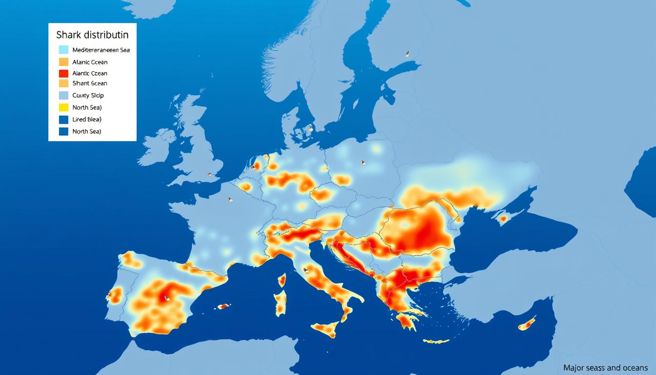 Mapa występowania rekinów w Europie pokazująca główne obszary ich koncentracji w Morzu Śródziemnym i Atlantyku