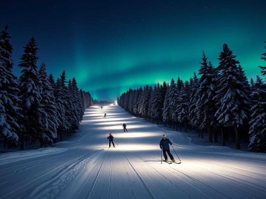 Narciarze na oświetlonej trasie w fińskim ośrodku sportów zimowych po zmroku Narciarze na oświetlonej trasie w fińskim ośrodku sportów zimowych po zmroku