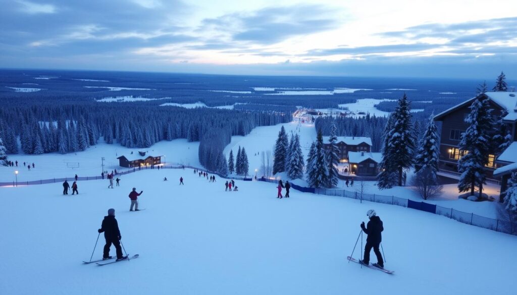 Ośrodek narciarski Himos w Finlandii z widokiem na trasy i infrastrukturę Ośrodek narciarski Himos w Finlandii z widokiem na trasy i infrastrukturę