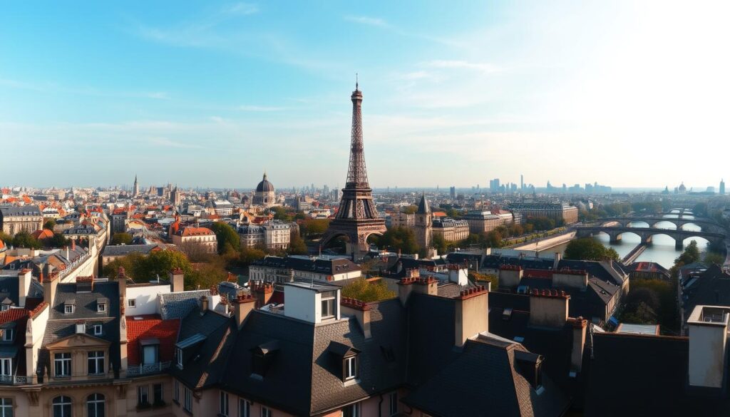 Panorama Paryża z widokiem na Wieżę Eiffla i charakterystyczne dachy miasta