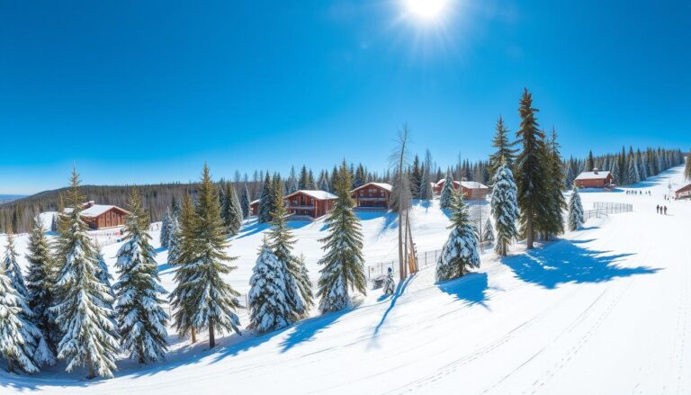 Panorama fińskiego ośrodka sportów zimowych zimą z trasami narciarskimi i ośnieżonymi drzewami