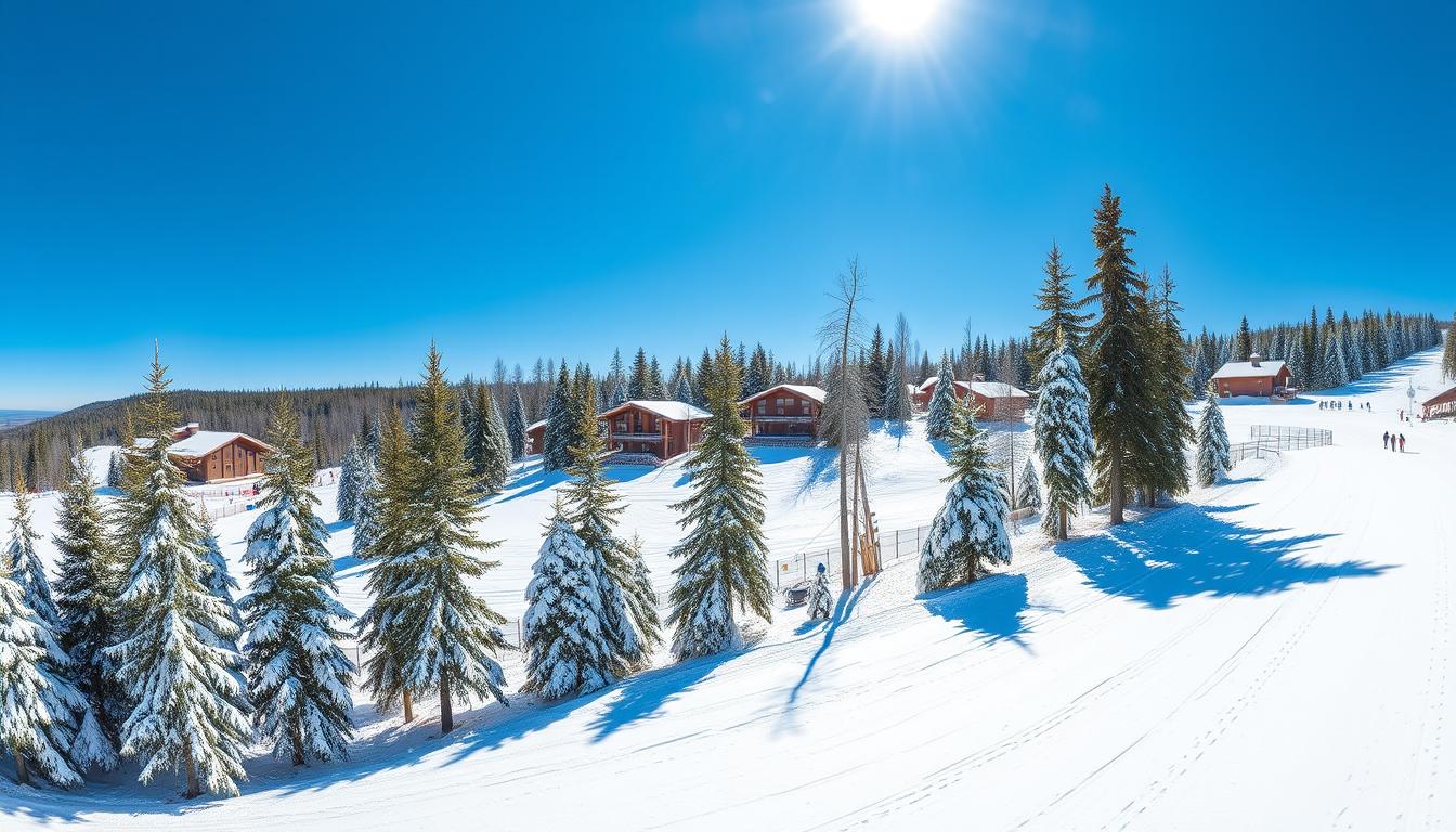 Panorama fińskiego ośrodka sportów zimowych zimą z trasami narciarskimi i ośnieżonymi drzewami