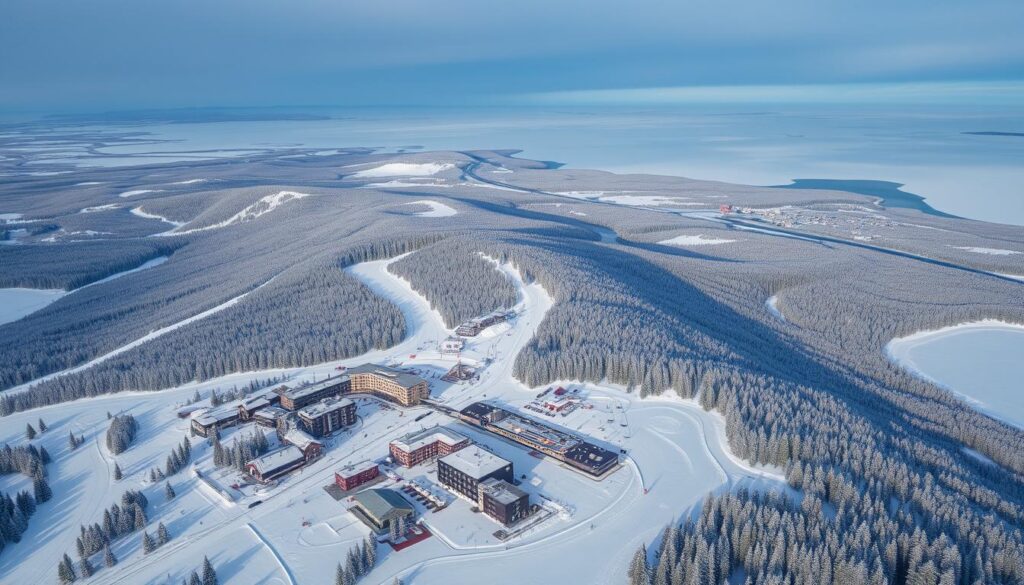 Panorama ośrodka narciarskiego Levi w Finlandii zimą Panorama ośrodka narciarskiego Levi w Finlandii zimą