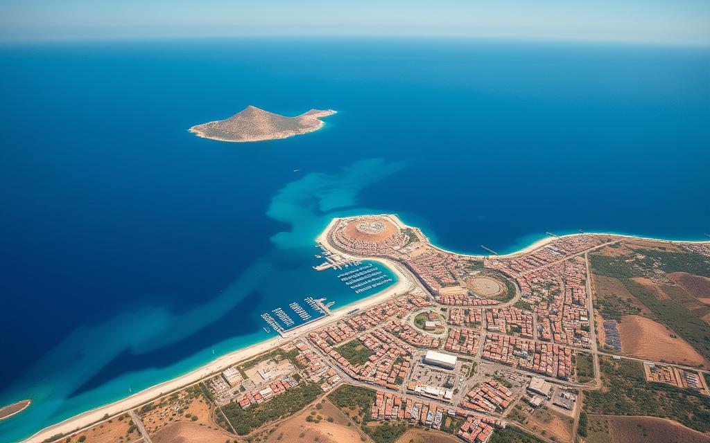 Panorama wyspy Rodos z lotu ptaka z widocznymi plażami i zabudową