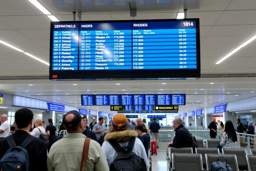 Pasażerowie czekający na przesiadkę na lotnisku w Atenach w drodze na Rodos