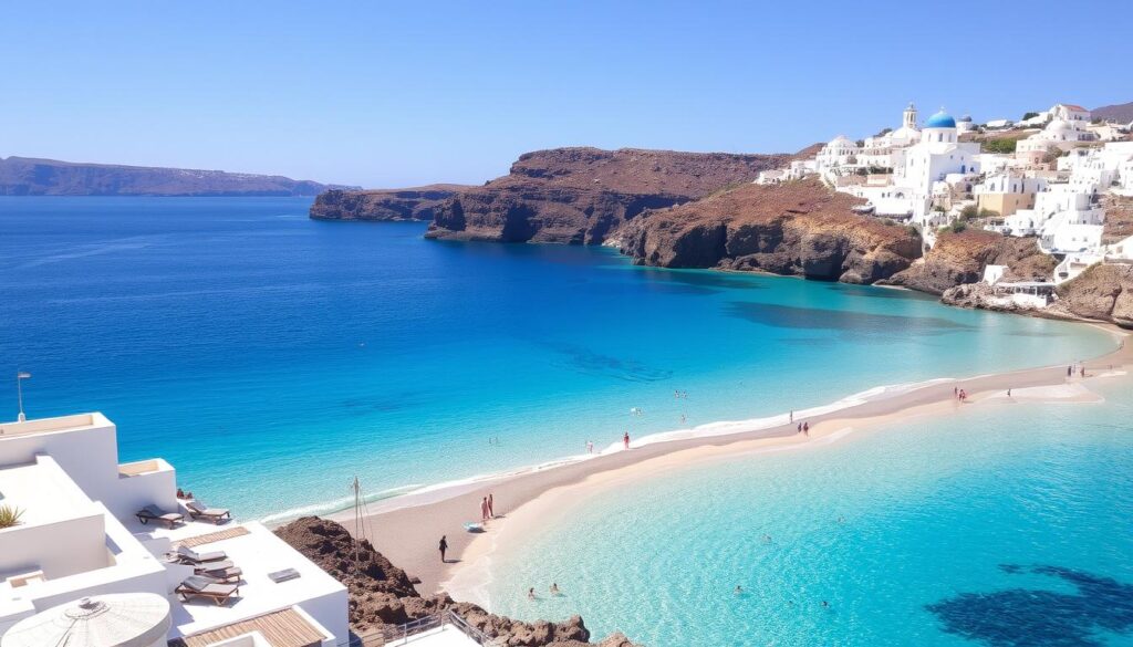Piękna plaża na Santorini z krystalicznie czystą wodą, gdzie prawdopodobieństwo spotkania rekina jest minimalne
