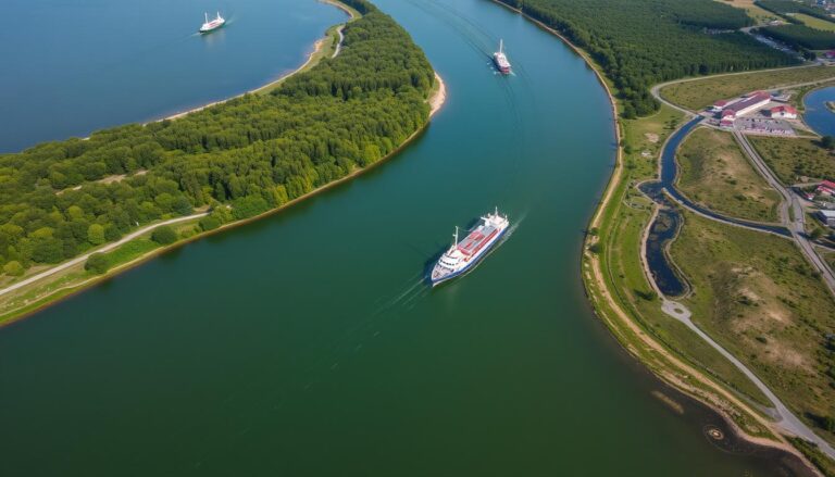 Przekop Mierzei Wiślanej z lotu ptaka pokazujący kanał łączący Zalew Wiślany z Morzem Bałtyckim