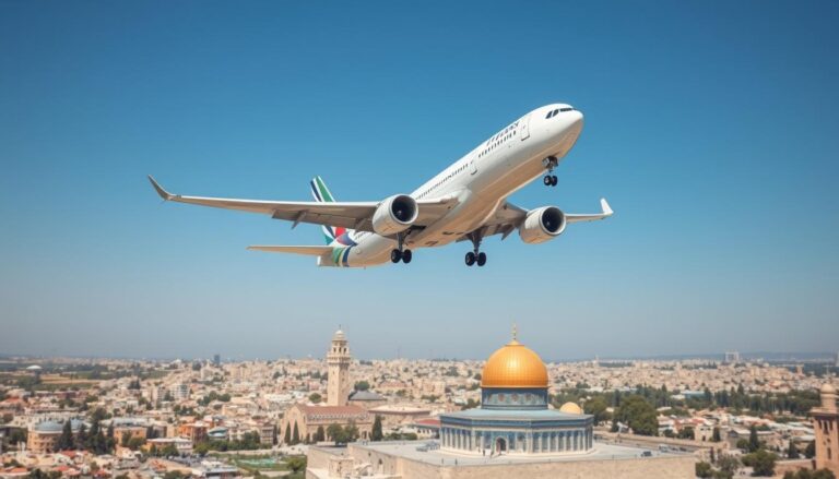 Samolot lecący nad Ziemią Świętą z widokiem na Jerozolimę - ile trwa lot do ziemi świętej