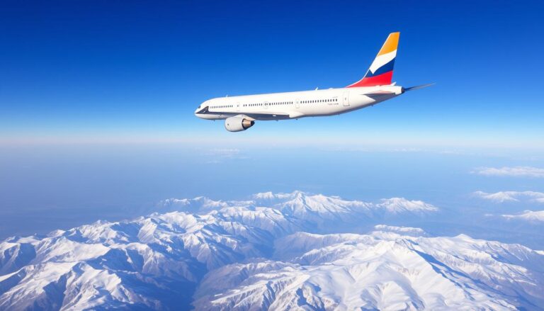 Samolot lecący nad górami Kaukazu w drodze do Gruzji, ilustrujący ile trwa lot do Gruzji