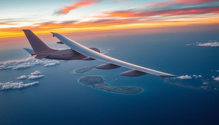 Samolot lecący nad oceanem w kierunku Hawajów z widocznym zachodem słońca