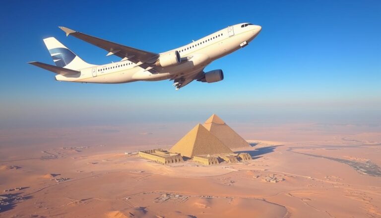 Samolot lecący nad piramidami w Egipcie - lot do egiptu czas