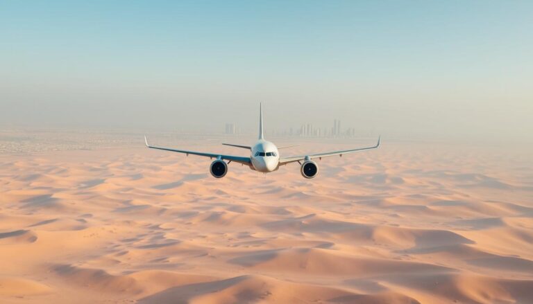 Samolot lecący nad pustynnym krajobrazem Kataru z widokiem na panoramę Dohy w tle - polska katar ile trwa lot