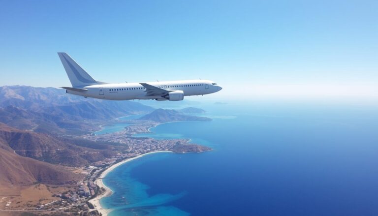 Samolot lecący nad wybrzeżem Albanii, ilustrujący ile się leci do albanii