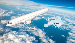Samolot lecący z Chin do Polski na tle mapy pokazującej trasę lotu