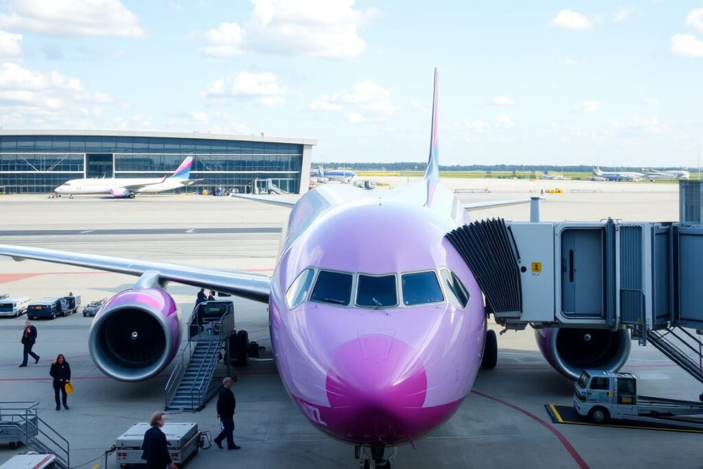 Samolot linii Wizz Air na lotnisku w Krakowie przed lotem do Tel Awiwu - ile trwa lot do ziemi świętej Samolot linii Wizz Air na lotnisku w Krakowie przed lotem do Tel Awiwu - ile trwa lot do ziemi świętej