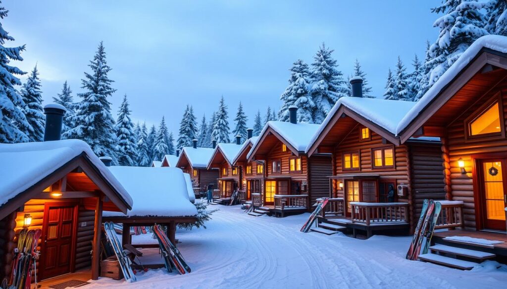 Tradycyjne drewniane domki w fińskim ośrodku sportów zimowych Tradycyjne drewniane domki w fińskim ośrodku sportów zimowych