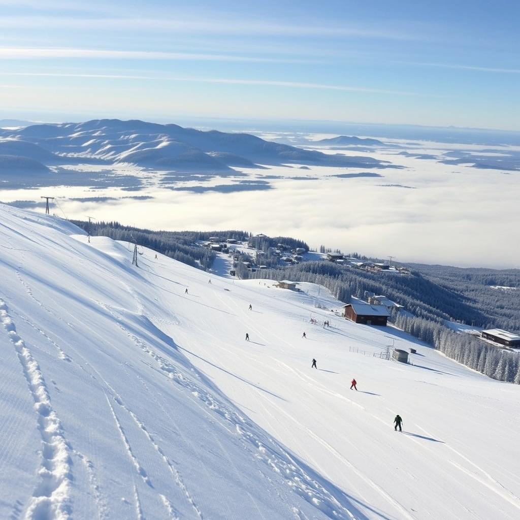 Trasy narciarskie w ośrodku Levi z widokiem na wioskę Trasy narciarskie w ośrodku Levi z widokiem na wioskę