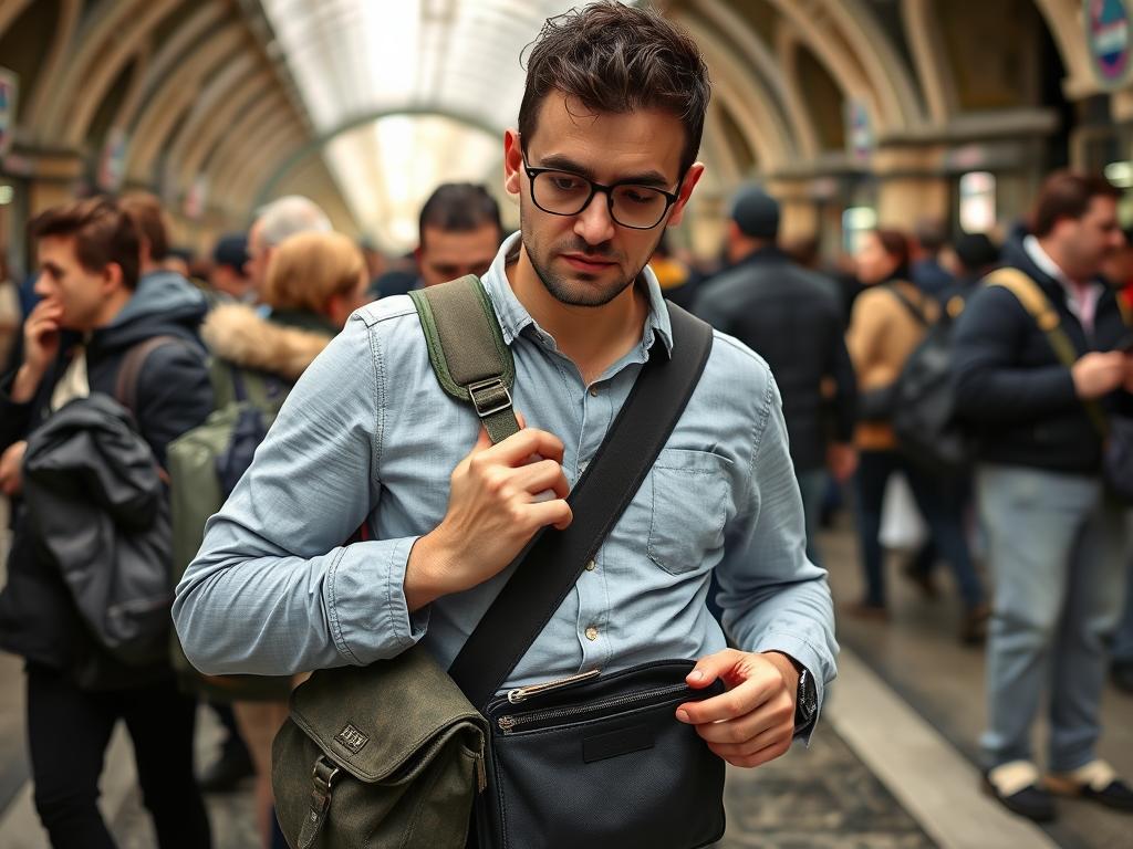 Turysta zabezpieczający swoje rzeczy osobiste w zatłoczonym miejscu w Paryżu