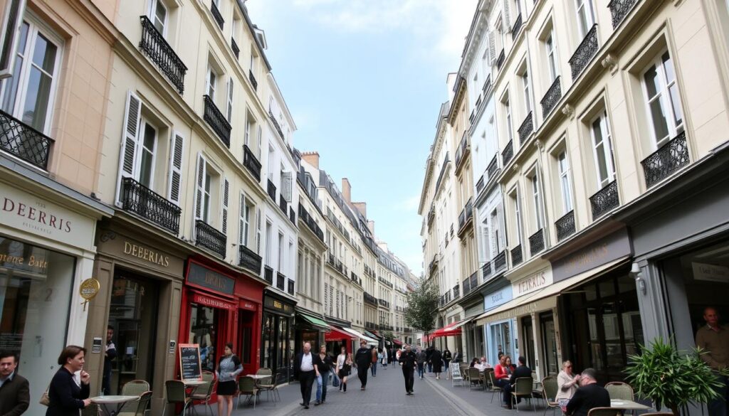 Urokliwa uliczka w bezpiecznej dzielnicy Le Marais w Paryżu z charakterystycznymi kamienicami i kawiarniami