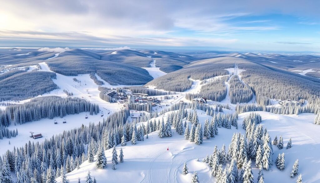 Zimowy krajobraz ośrodka Ruka w Finlandii z trasami narciarskimi Zimowy krajobraz ośrodka Ruka w Finlandii z trasami narciarskimi