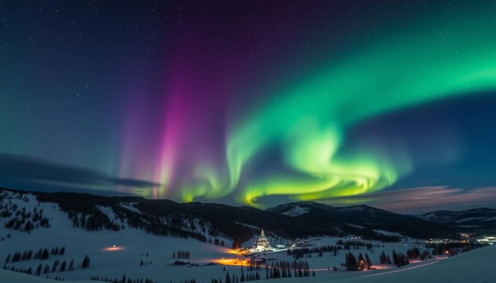 Zorza polarna nad fińskim ośrodkiem sportów zimowych nocą Zorza polarna nad fińskim ośrodkiem sportów zimowych nocą