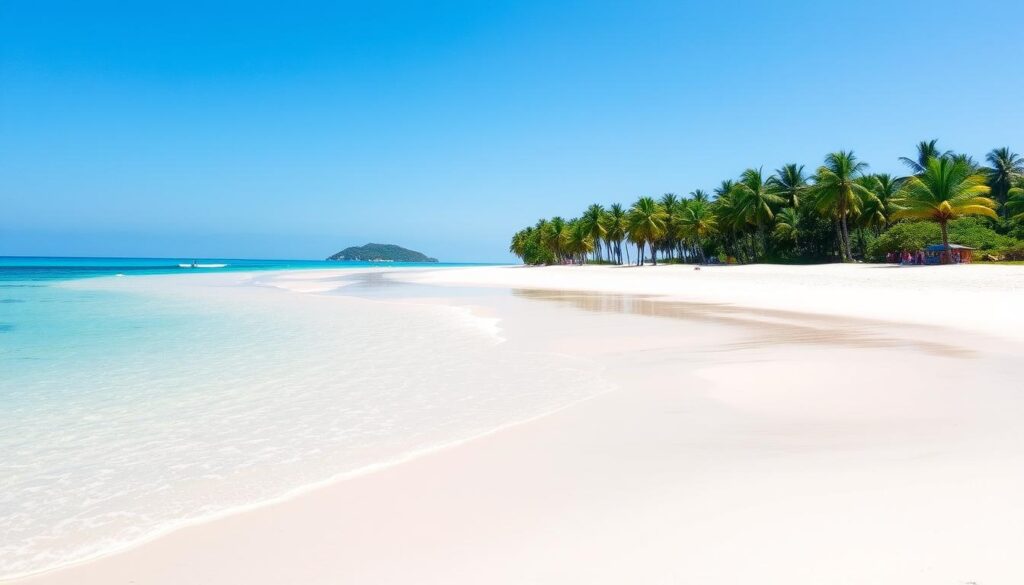 Biała plaża Nilaveli na wschodnim wybrzeżu Sri Lanki z widokiem na Pigeon Island Biała plaża Nilaveli na wschodnim wybrzeżu Sri Lanki z widokiem na Pigeon Island