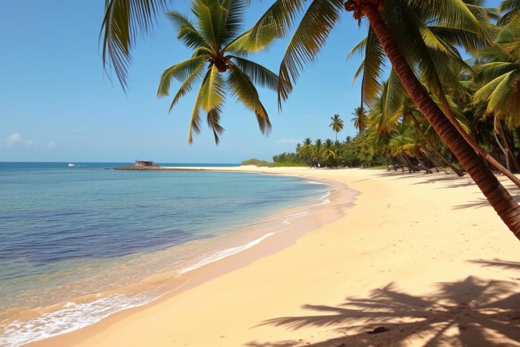 Dzika plaża Tangalle na Sri Lance z palmami i spokojną zatoką Dzika plaża Tangalle na Sri Lance z palmami i spokojną zatoką