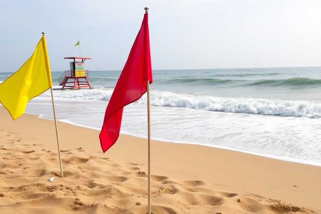 Flagi ostrzegawcze na plaży w Sri Lance informujące o warunkach do pływania Flagi ostrzegawcze na plaży w Sri Lance informujące o warunkach do pływania