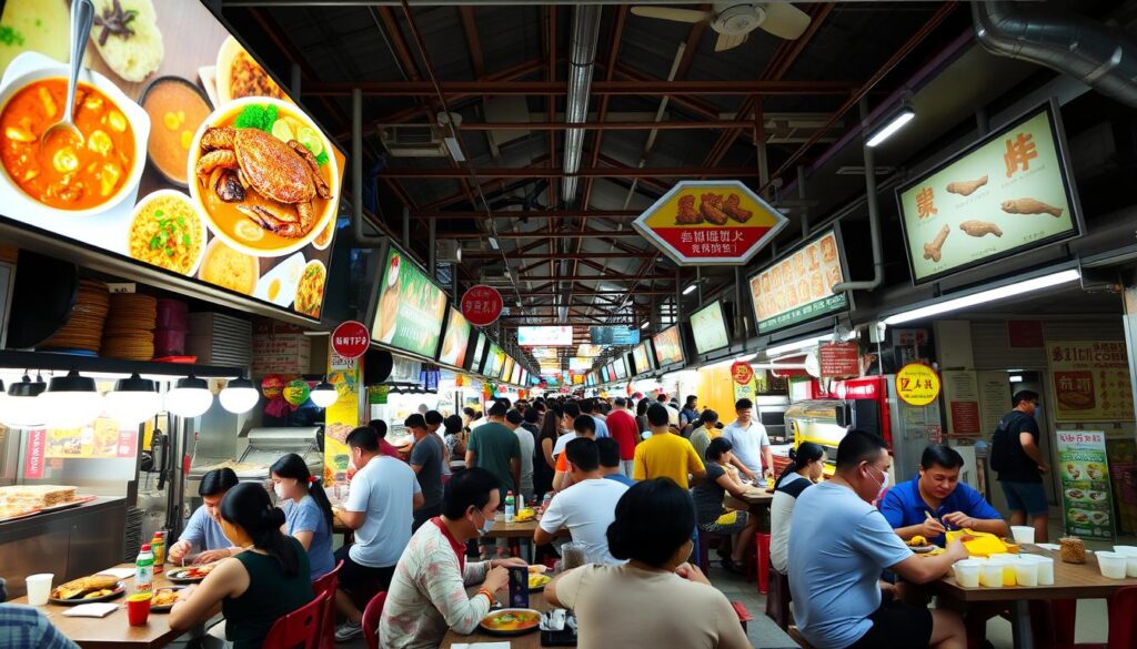 Hawker centre w Singapurze z różnorodnymi potrawami lokalnymi, w tym Laksa, Chilli Crab i Hainanese Chicken Rice Hawker centre w Singapurze z różnorodnymi potrawami lokalnymi, w tym Laksa, Chilli Crab i Hainanese Chicken Rice