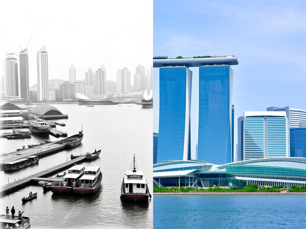 Historyczne zdjęcie portu w Singapurze z czasów kolonialnych zestawione z nowoczesnym widokiem na Marina Bay Sands Historyczne zdjęcie portu w Singapurze z czasów kolonialnych zestawione z nowoczesnym widokiem na Marina Bay Sands