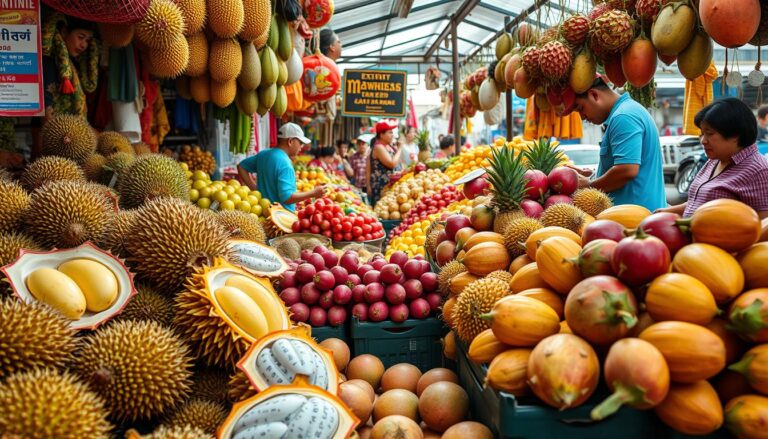 Kolorowe stoisko z dziwnym owocami na azjatyckim targu