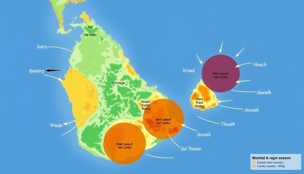 Mapa Sri Lanki pokazująca wpływ monsunów na różne części wybrzeża Mapa Sri Lanki pokazująca wpływ monsunów na różne części wybrzeża