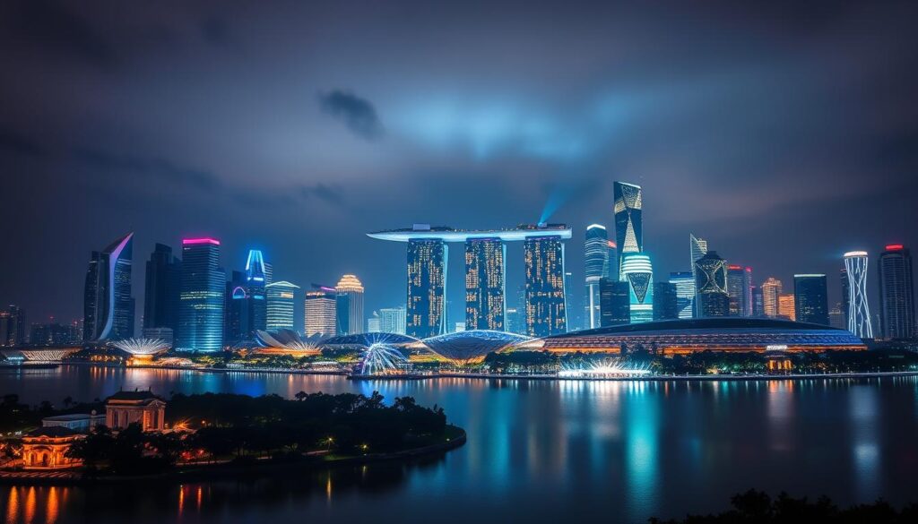 Panorama Singapuru nocą z oświetlonymi drapaczami chmur i Marina Bay Sands Panorama Singapuru nocą z oświetlonymi drapaczami chmur i Marina Bay Sands