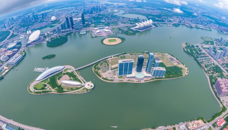 Panorama Singapuru z lotu ptaka ukazująca wyspy i nowoczesną zabudowę miasta