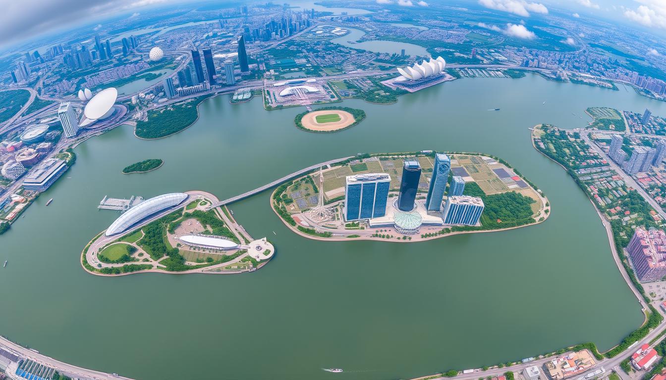Panorama Singapuru z lotu ptaka ukazująca wyspy i nowoczesną zabudowę miasta