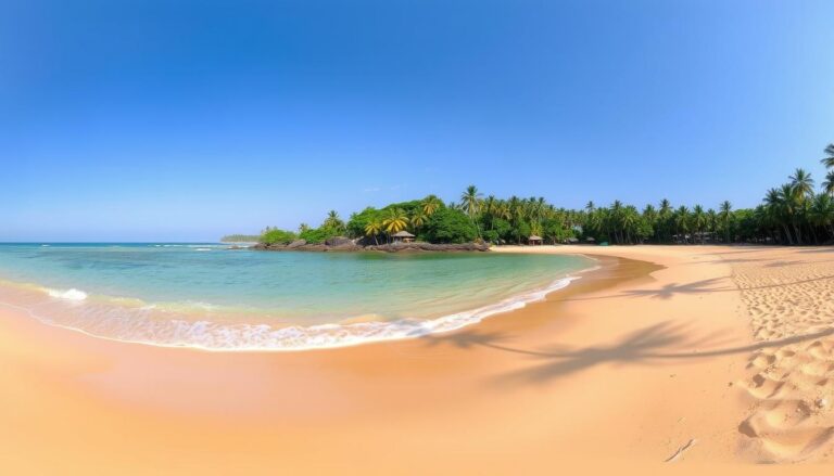 Panorama plaży Unawatuna na Sri Lance z palmami i turkusową wodą