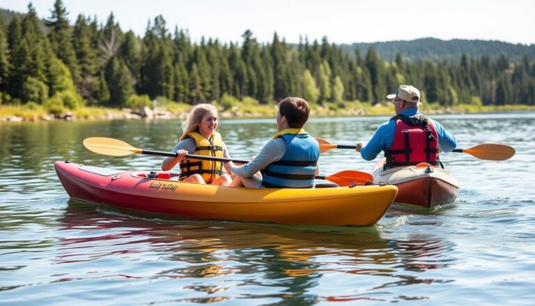 Para początkujących kajakarzy płynąca spokojną rzeką z instruktorem
